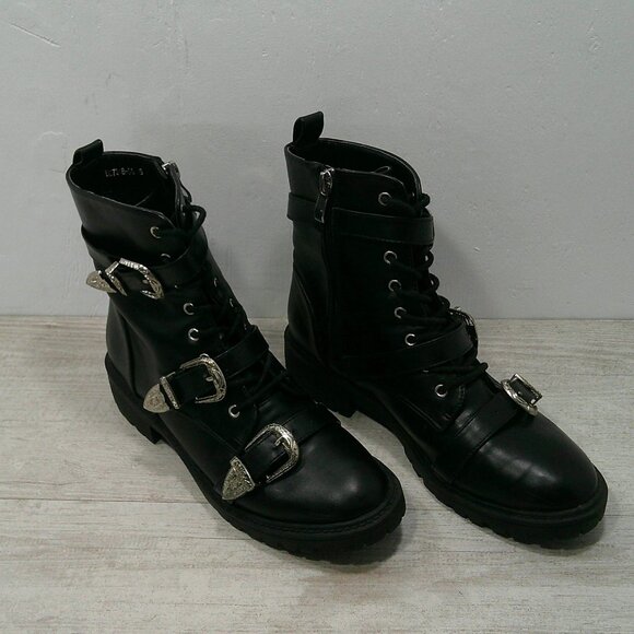 Dolls Kill Combat Moto Lace up Black Boots with Silver Buckle Strap Size 6 - Picture 3 of 13
